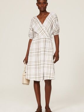 Love, Whit by Whitney Port Plaid Wrap Midi Dress in Taupe and White